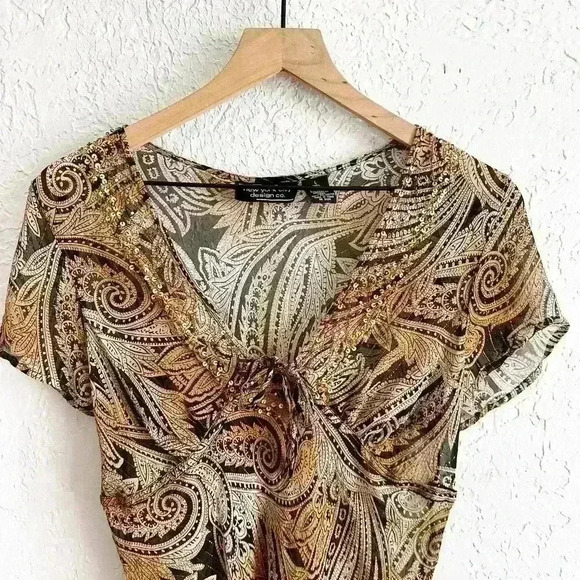 Sheer silk blend‎ tie front bohemian style beaded top size Large - Picture 8 of 8